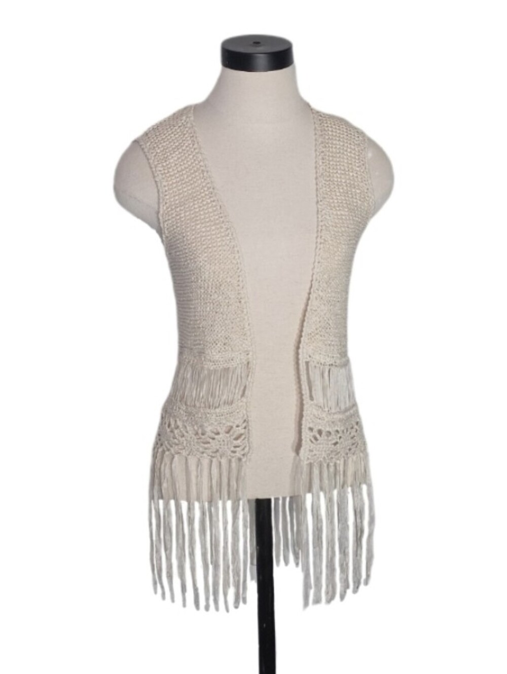 FANG Vest Boho Crocheted Fringed Beige Size M